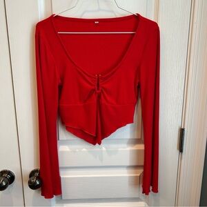 Women’s Red Bell Long Sleeve Handkerchief Style Crop Top Sz S gold accents